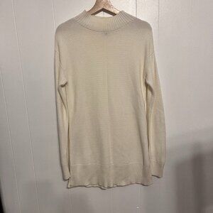 Talbots White Ribbed Sweater Size MP Mock Neck Oversized Long Sleeve Slit Hem